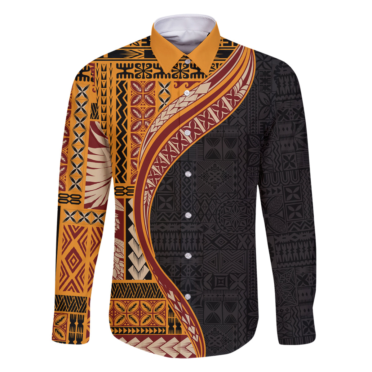 Samoa Siapo Motif and Tapa Pattern Half Style Family Matching Mermaid Dress and Hawaiian Shirt Yellow Color LT03 Dad's Shirt - Long Sleeve Yellow - Polynesian Pride