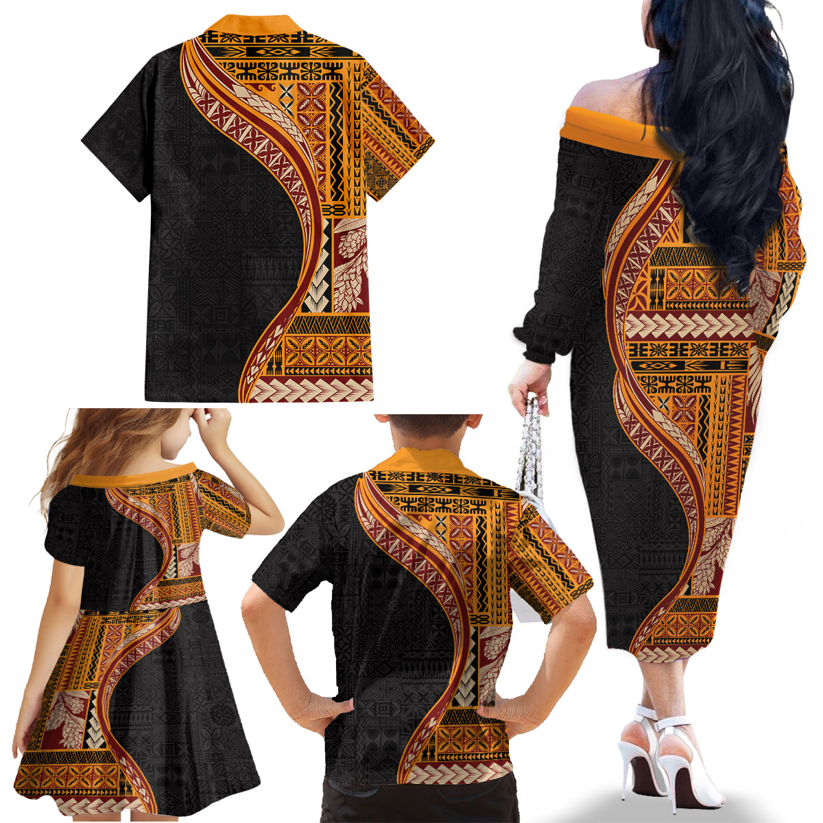 Samoa Siapo Motif and Tapa Pattern Half Style Family Matching Off The Shoulder Long Sleeve Dress and Hawaiian Shirt Yellow Color LT03 - Polynesian Pride