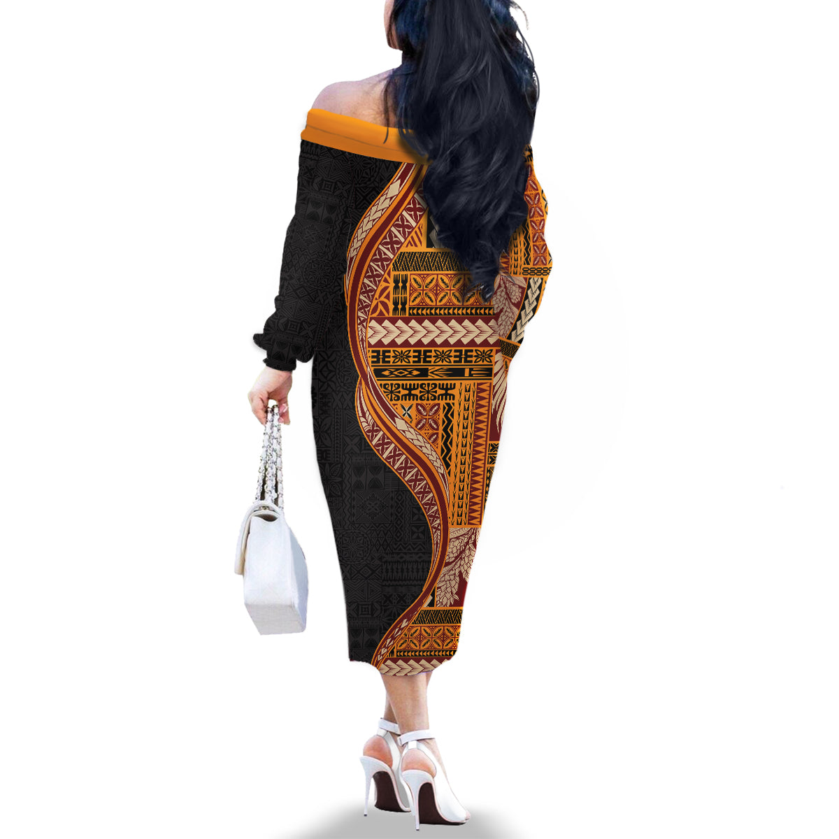Samoa Siapo Motif and Tapa Pattern Half Style Family Matching Off The Shoulder Long Sleeve Dress and Hawaiian Shirt Yellow Color LT03 - Polynesian Pride