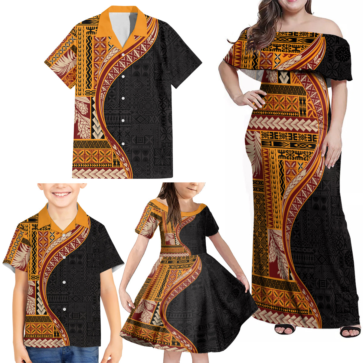 Samoa Siapo Motif and Tapa Pattern Half Style Family Matching Off Shoulder Maxi Dress and Hawaiian Shirt Yellow Color LT03 - Polynesian Pride