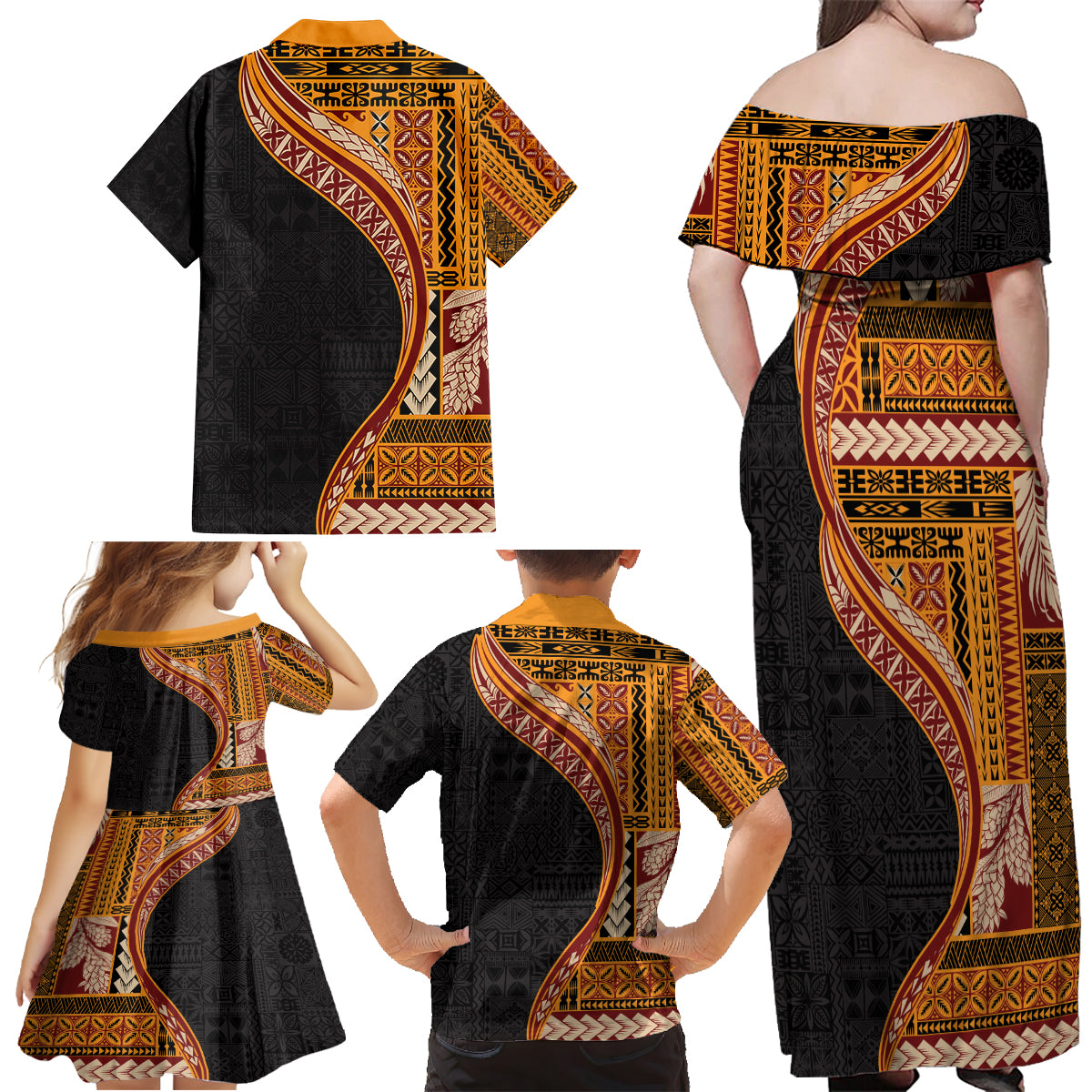 Samoa Siapo Motif and Tapa Pattern Half Style Family Matching Off Shoulder Maxi Dress and Hawaiian Shirt Yellow Color LT03 - Polynesian Pride