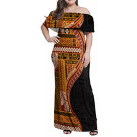 Samoa Siapo Motif and Tapa Pattern Half Style Family Matching Off Shoulder Maxi Dress and Hawaiian Shirt Yellow Color LT03 Mom's Dress Yellow - Polynesian Pride