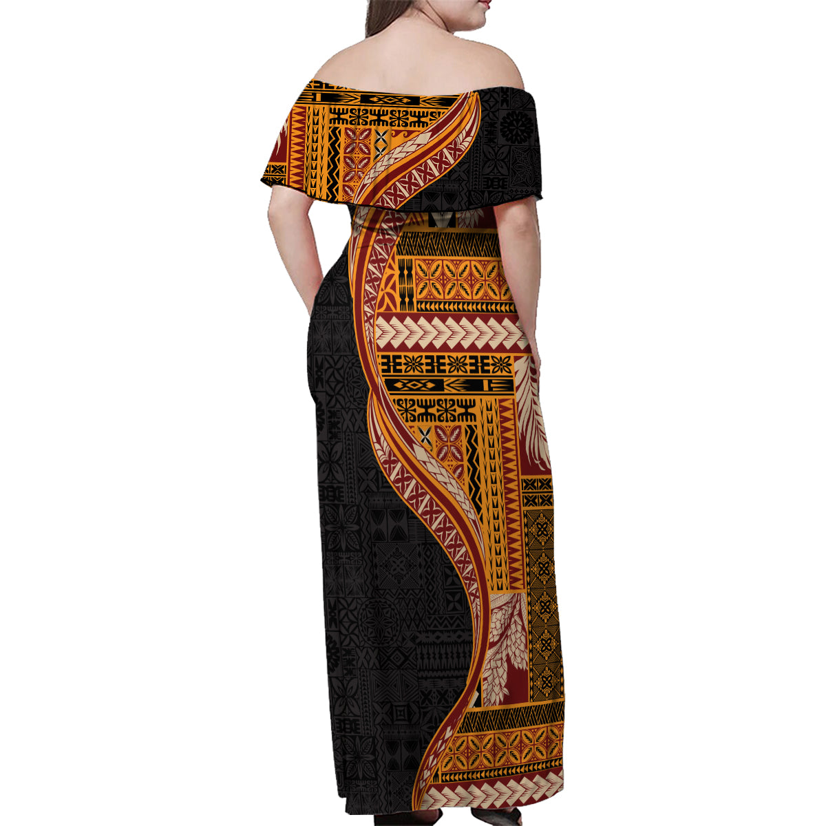 Samoa Siapo Motif and Tapa Pattern Half Style Family Matching Off Shoulder Maxi Dress and Hawaiian Shirt Yellow Color LT03 - Polynesian Pride