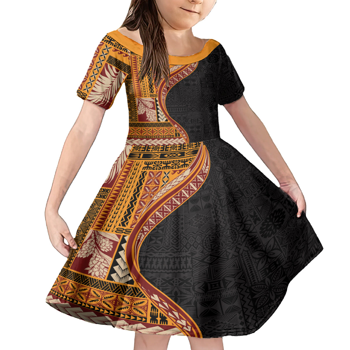 Samoa Siapo Motif and Tapa Pattern Half Style Family Matching Off Shoulder Short Dress and Hawaiian Shirt Yellow Color LT03 Daughter's Dress Yellow - Polynesian Pride