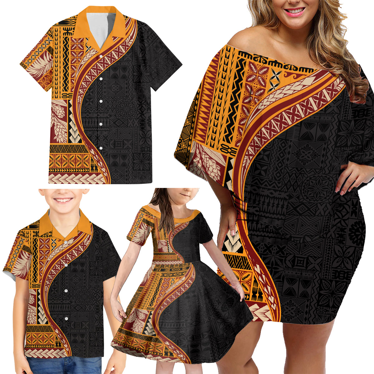 Samoa Siapo Motif and Tapa Pattern Half Style Family Matching Off Shoulder Short Dress and Hawaiian Shirt Yellow Color LT03 - Polynesian Pride