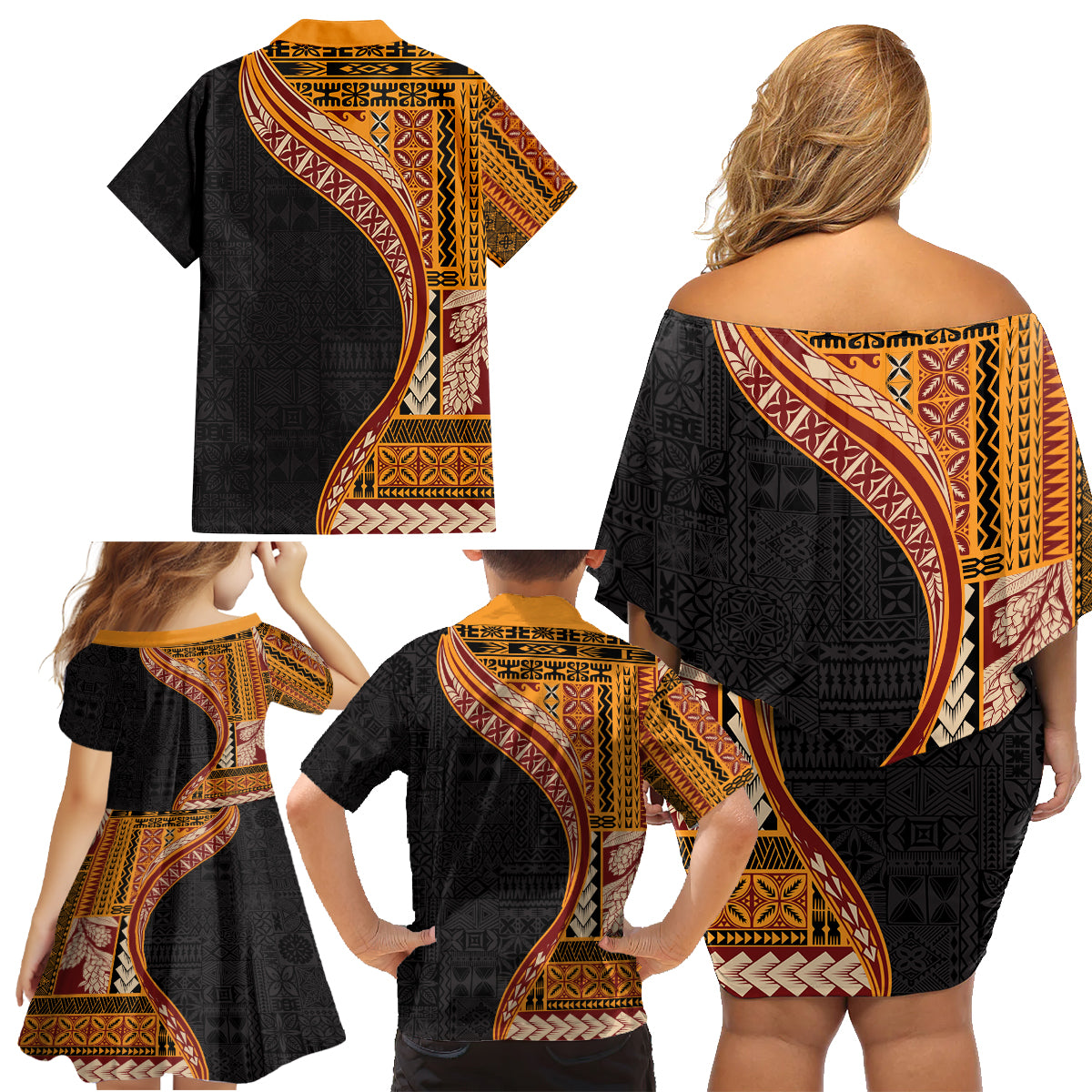 Samoa Siapo Motif and Tapa Pattern Half Style Family Matching Off Shoulder Short Dress and Hawaiian Shirt Yellow Color LT03 - Polynesian Pride