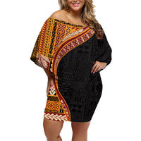 Samoa Siapo Motif and Tapa Pattern Half Style Family Matching Off Shoulder Short Dress and Hawaiian Shirt Yellow Color LT03 Mom's Dress Yellow - Polynesian Pride