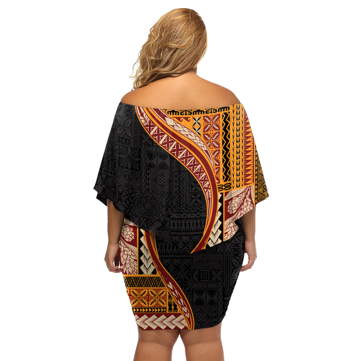 Samoa Siapo Motif and Tapa Pattern Half Style Family Matching Off Shoulder Short Dress and Hawaiian Shirt Yellow Color LT03 - Polynesian Pride
