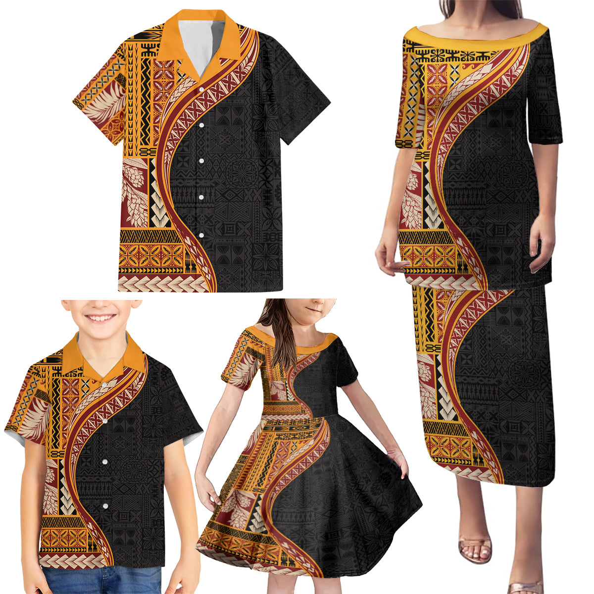 Samoa Siapo Motif and Tapa Pattern Half Style Family Matching Puletasi and Hawaiian Shirt Yellow Color LT03 - Polynesian Pride