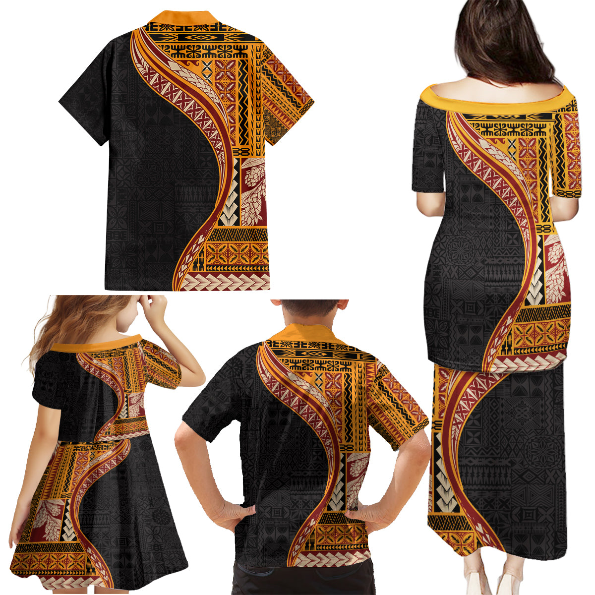 Samoa Siapo Motif and Tapa Pattern Half Style Family Matching Puletasi and Hawaiian Shirt Yellow Color LT03 - Polynesian Pride