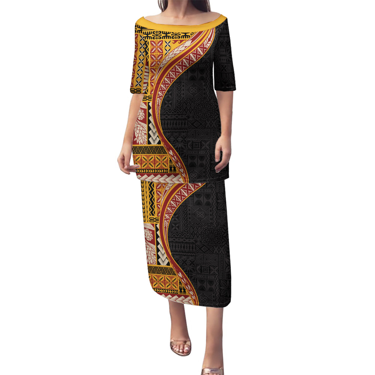 Samoa Siapo Motif and Tapa Pattern Half Style Family Matching Puletasi and Hawaiian Shirt Yellow Color LT03 Mom's Dress Yellow - Polynesian Pride