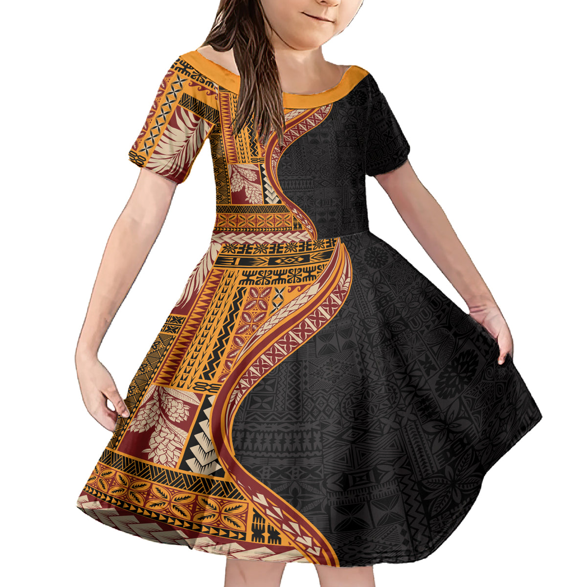 Samoa Siapo Motif and Tapa Pattern Half Style Family Matching Short Sleeve Bodycon Dress and Hawaiian Shirt Yellow Color LT03 Daughter's Dress Yellow - Polynesian Pride