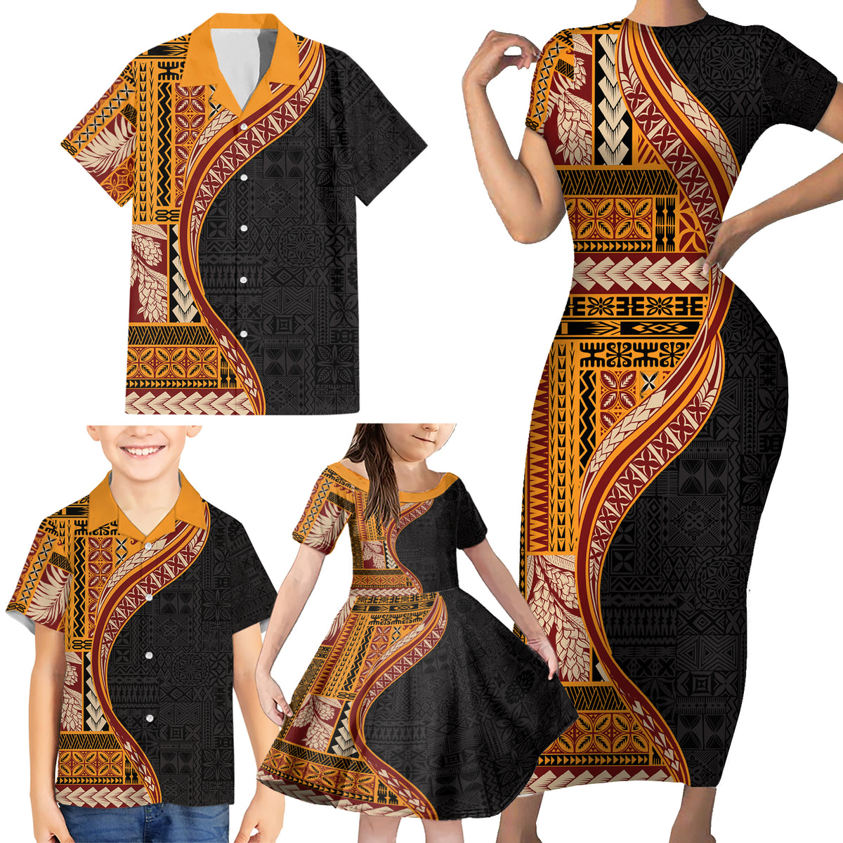 Samoa Siapo Motif and Tapa Pattern Half Style Family Matching Short Sleeve Bodycon Dress and Hawaiian Shirt Yellow Color LT03 - Polynesian Pride