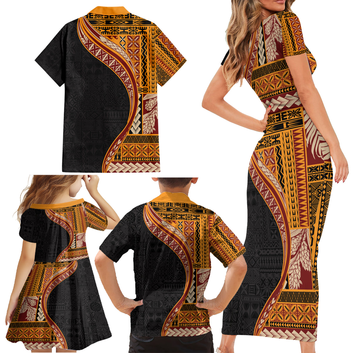 Samoa Siapo Motif and Tapa Pattern Half Style Family Matching Short Sleeve Bodycon Dress and Hawaiian Shirt Yellow Color LT03 - Polynesian Pride
