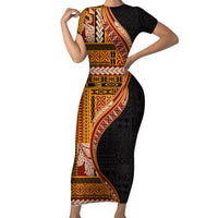Samoa Siapo Motif and Tapa Pattern Half Style Family Matching Short Sleeve Bodycon Dress and Hawaiian Shirt Yellow Color LT03 Mom's Dress Yellow - Polynesian Pride