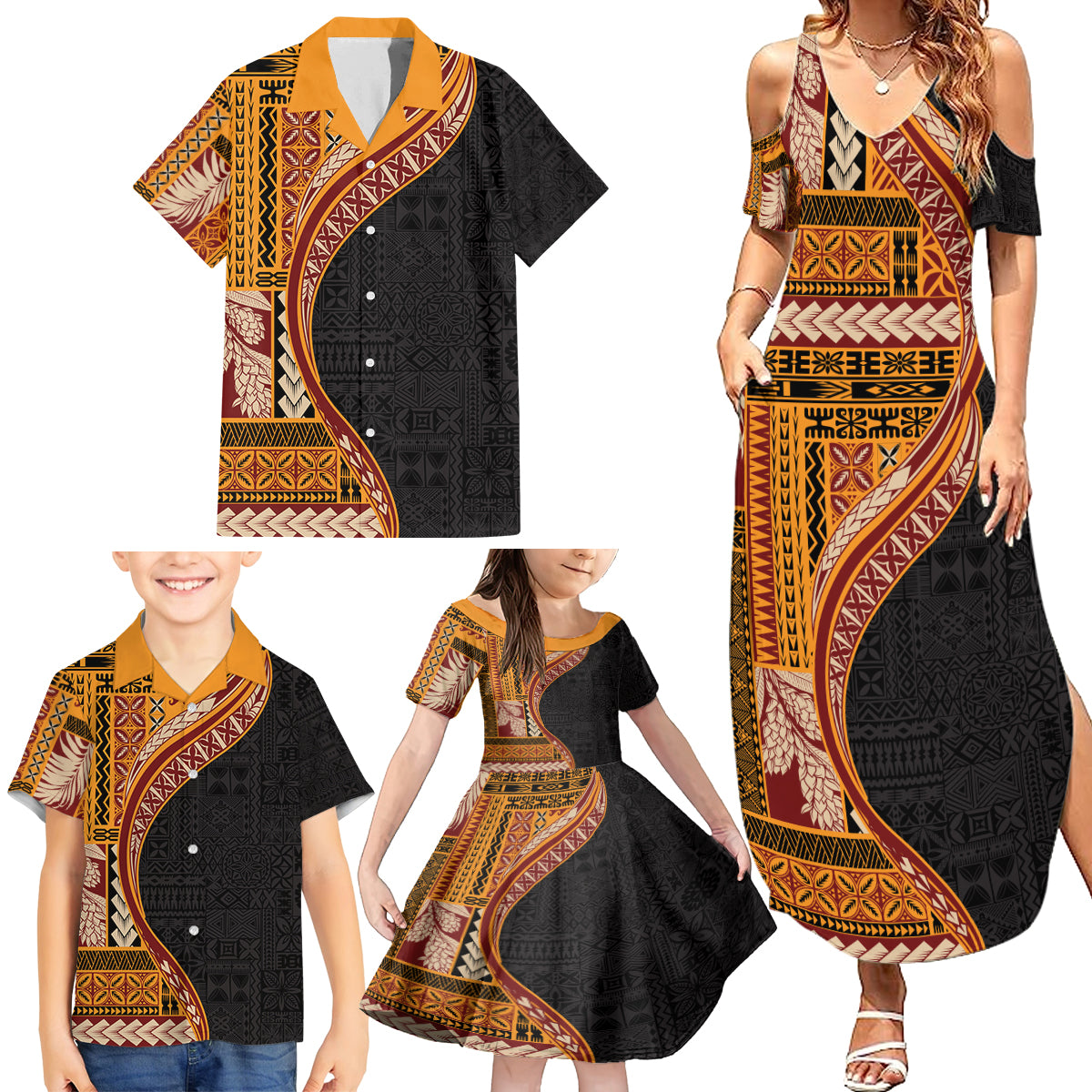 Samoa Siapo Motif and Tapa Pattern Half Style Family Matching Summer Maxi Dress and Hawaiian Shirt Yellow Color LT03 - Polynesian Pride