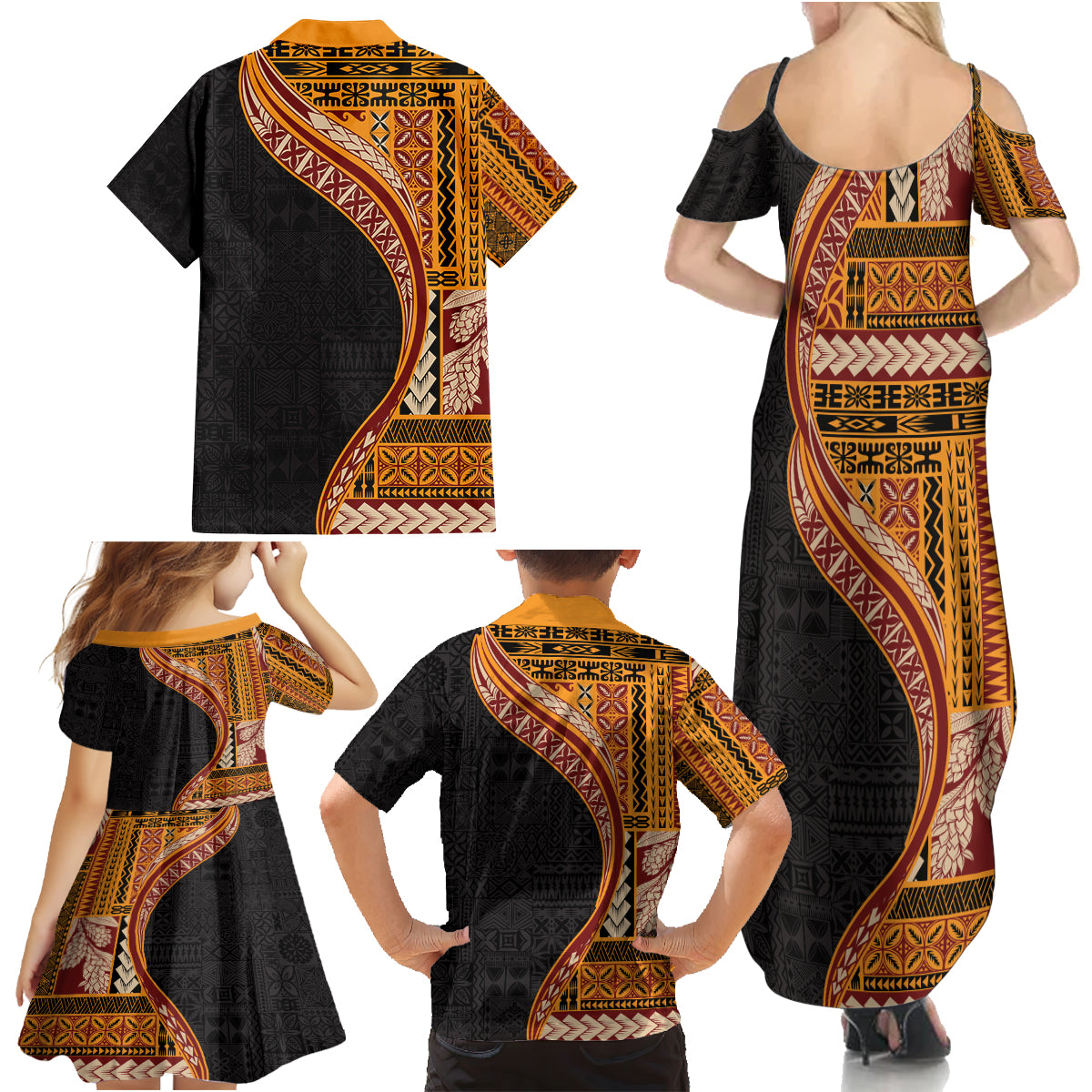 Samoa Siapo Motif and Tapa Pattern Half Style Family Matching Summer Maxi Dress and Hawaiian Shirt Yellow Color LT03 - Polynesian Pride
