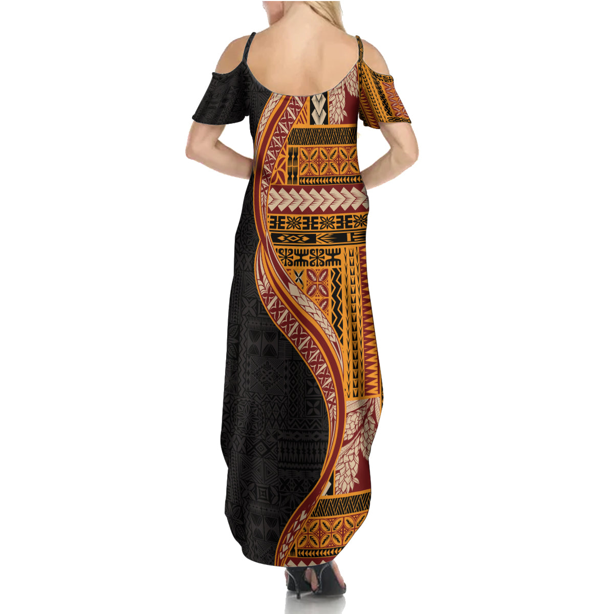 Samoa Siapo Motif and Tapa Pattern Half Style Family Matching Summer Maxi Dress and Hawaiian Shirt Yellow Color LT03 - Polynesian Pride