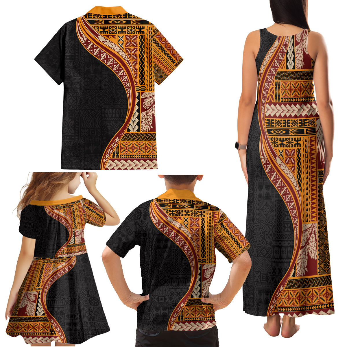 Samoa Siapo Motif and Tapa Pattern Half Style Family Matching Tank Maxi Dress and Hawaiian Shirt Yellow Color LT03 - Polynesian Pride