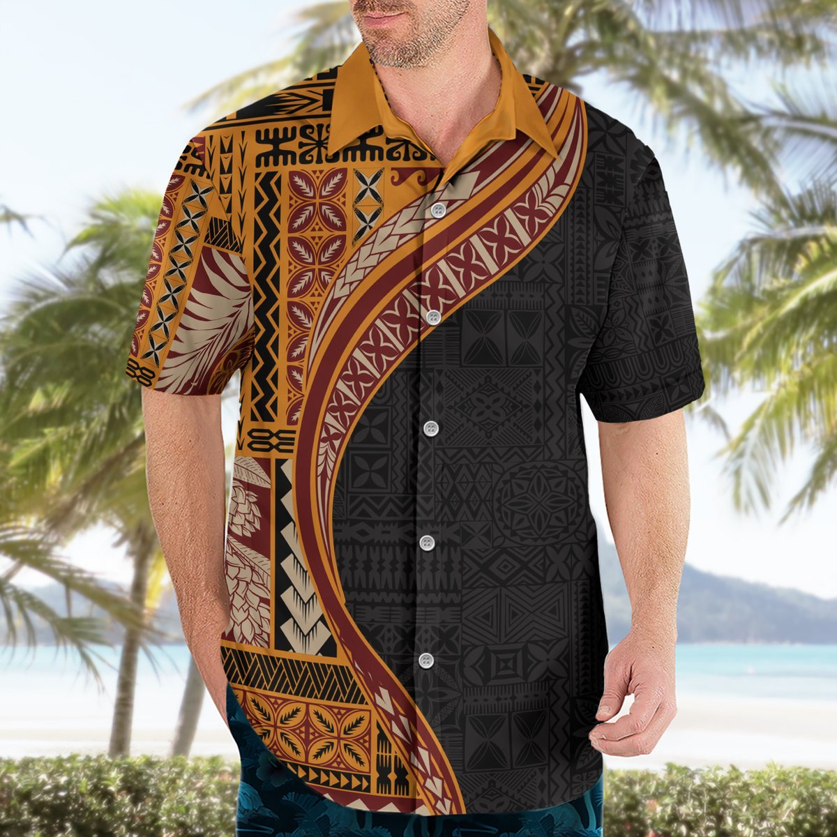 Samoa Siapo Motif and Tapa Pattern Half Style Hawaiian Shirt Yellow Color LT03 - Polynesian Pride