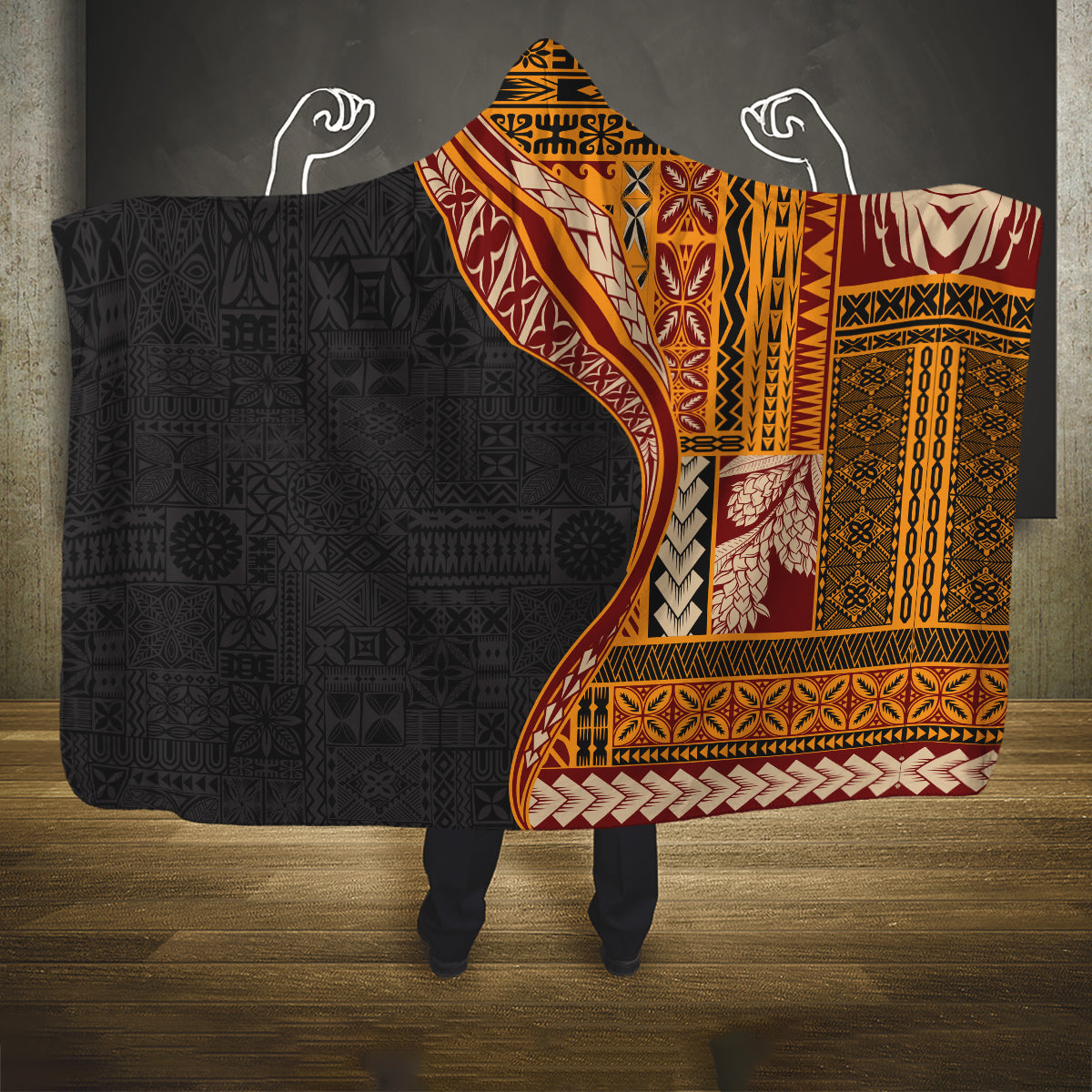 Samoa Siapo Motif and Tapa Pattern Half Style Hooded Blanket Yellow Color LT03 One Size Yellow - Polynesian Pride