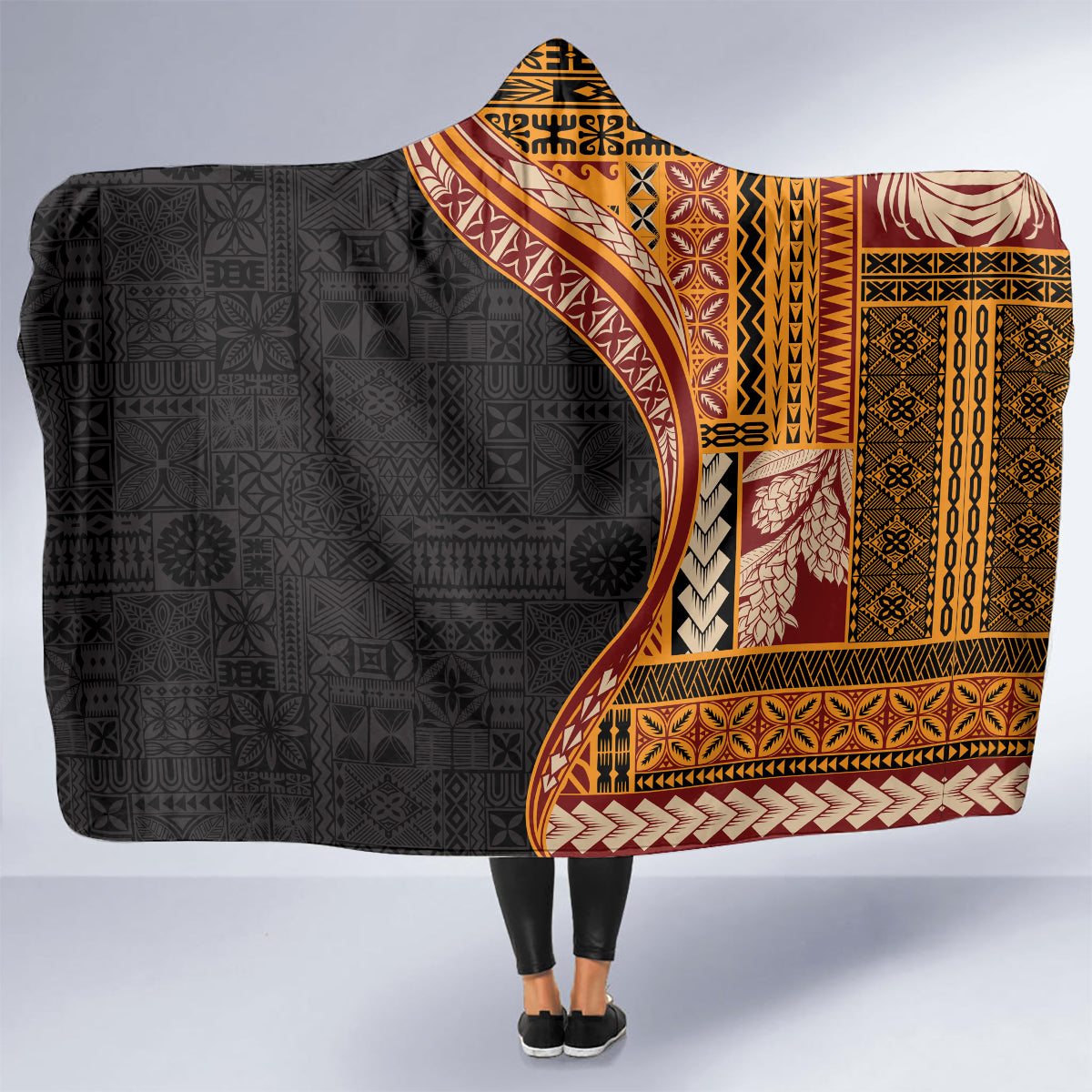 Samoa Siapo Motif and Tapa Pattern Half Style Hooded Blanket Yellow Color LT03 - Polynesian Pride