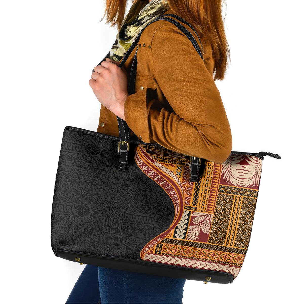 Samoa Siapo Motif and Tapa Pattern Half Style Leather Tote Bag Yellow Color LT03 Yellow - Polynesian Pride