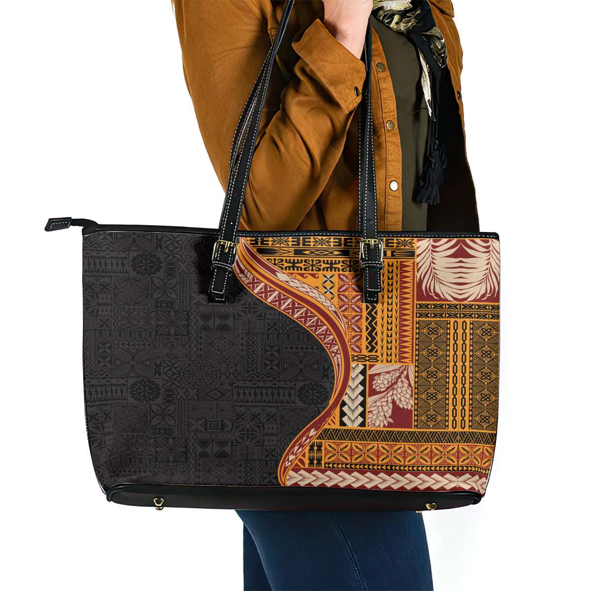 Samoa Siapo Motif and Tapa Pattern Half Style Leather Tote Bag Yellow Color LT03 - Polynesian Pride