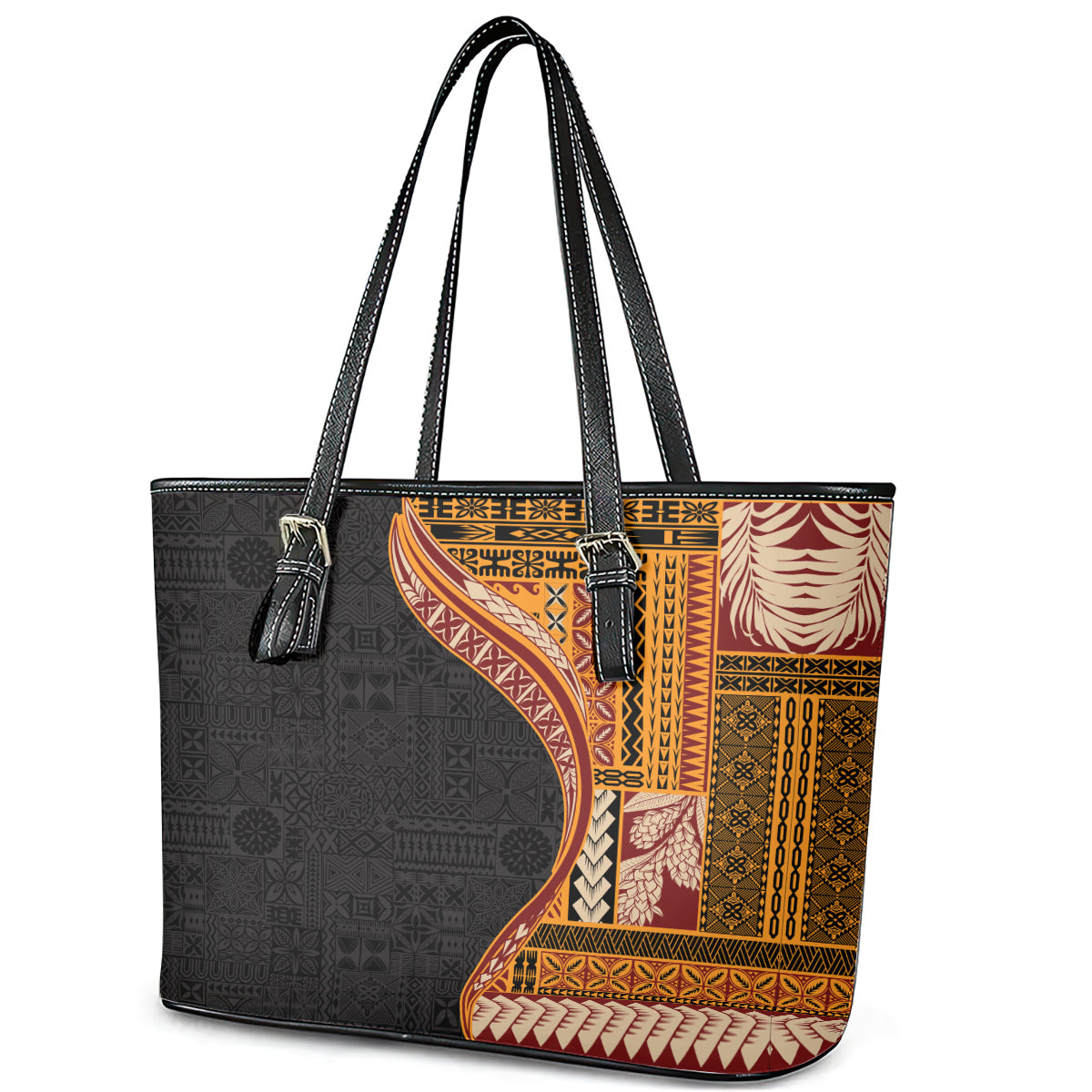 Samoa Siapo Motif and Tapa Pattern Half Style Leather Tote Bag Yellow Color LT03 - Polynesian Pride