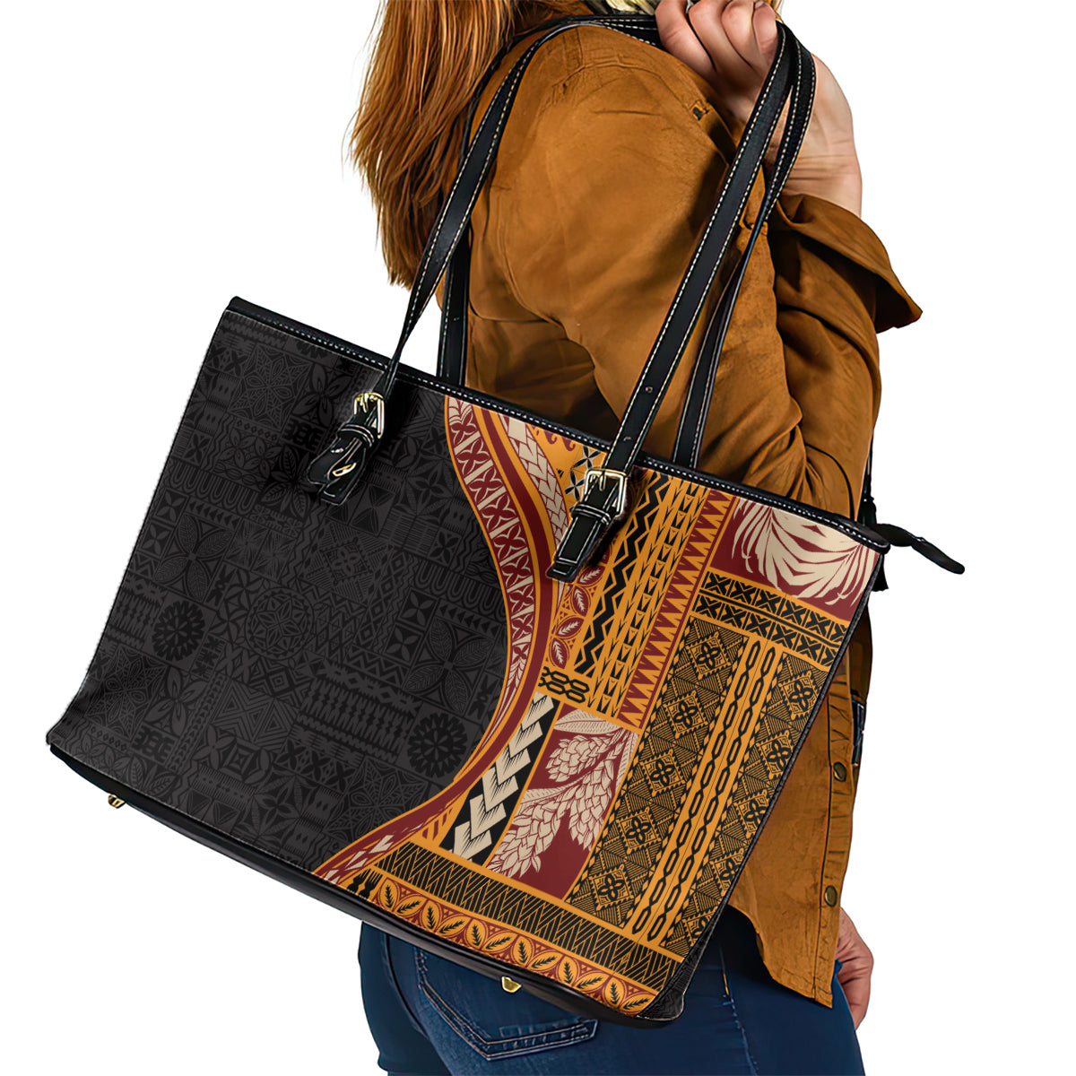 Samoa Siapo Motif and Tapa Pattern Half Style Leather Tote Bag Yellow Color LT03 - Polynesian Pride