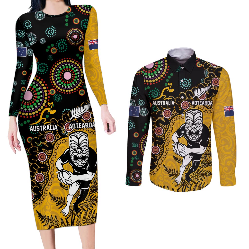 Custom New Zealand and Australia Rugby Couples Matching Long Sleeve Bodycon Dress and Long Sleeve Button Shirt Maori Warrior With Aboriginal Version LT03 Black - Polynesian Pride