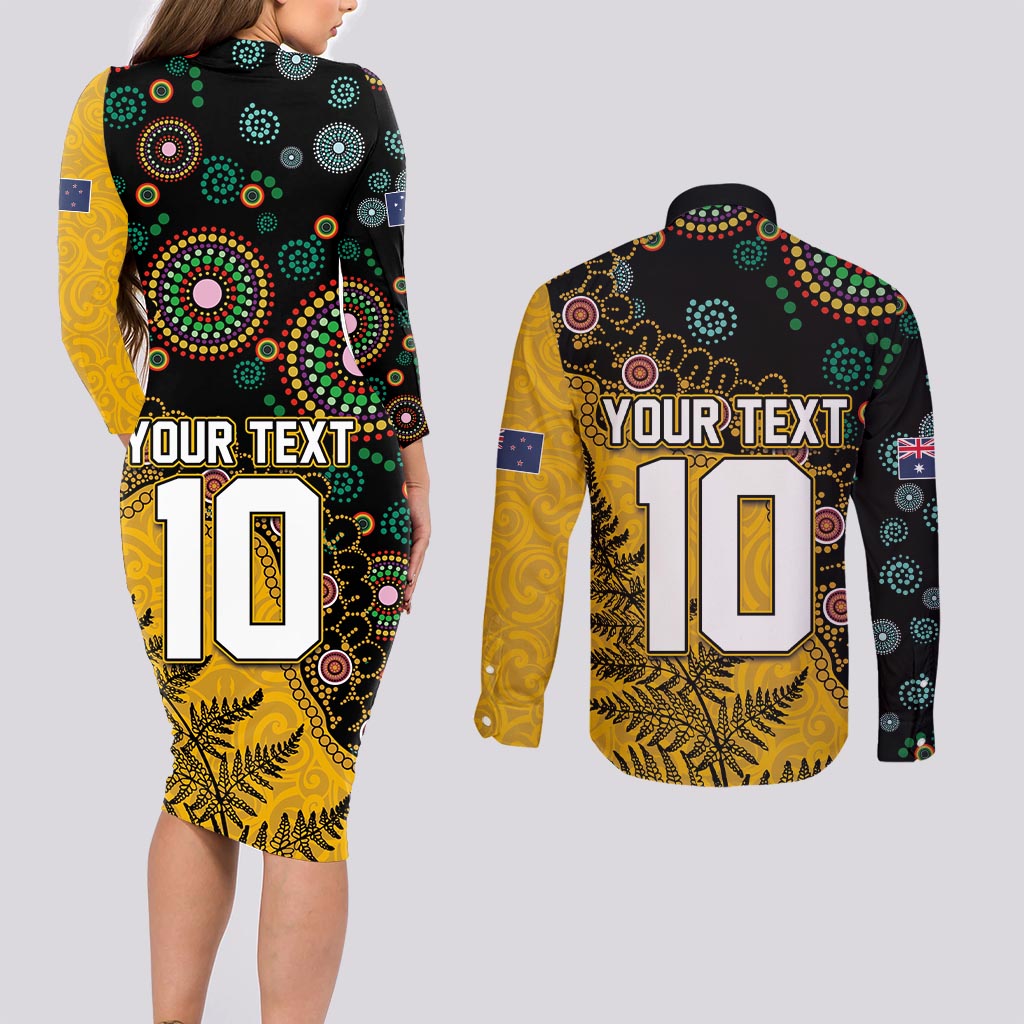 Custom New Zealand and Australia Rugby Couples Matching Long Sleeve Bodycon Dress and Long Sleeve Button Shirt Maori Warrior With Aboriginal Version LT03 - Polynesian Pride