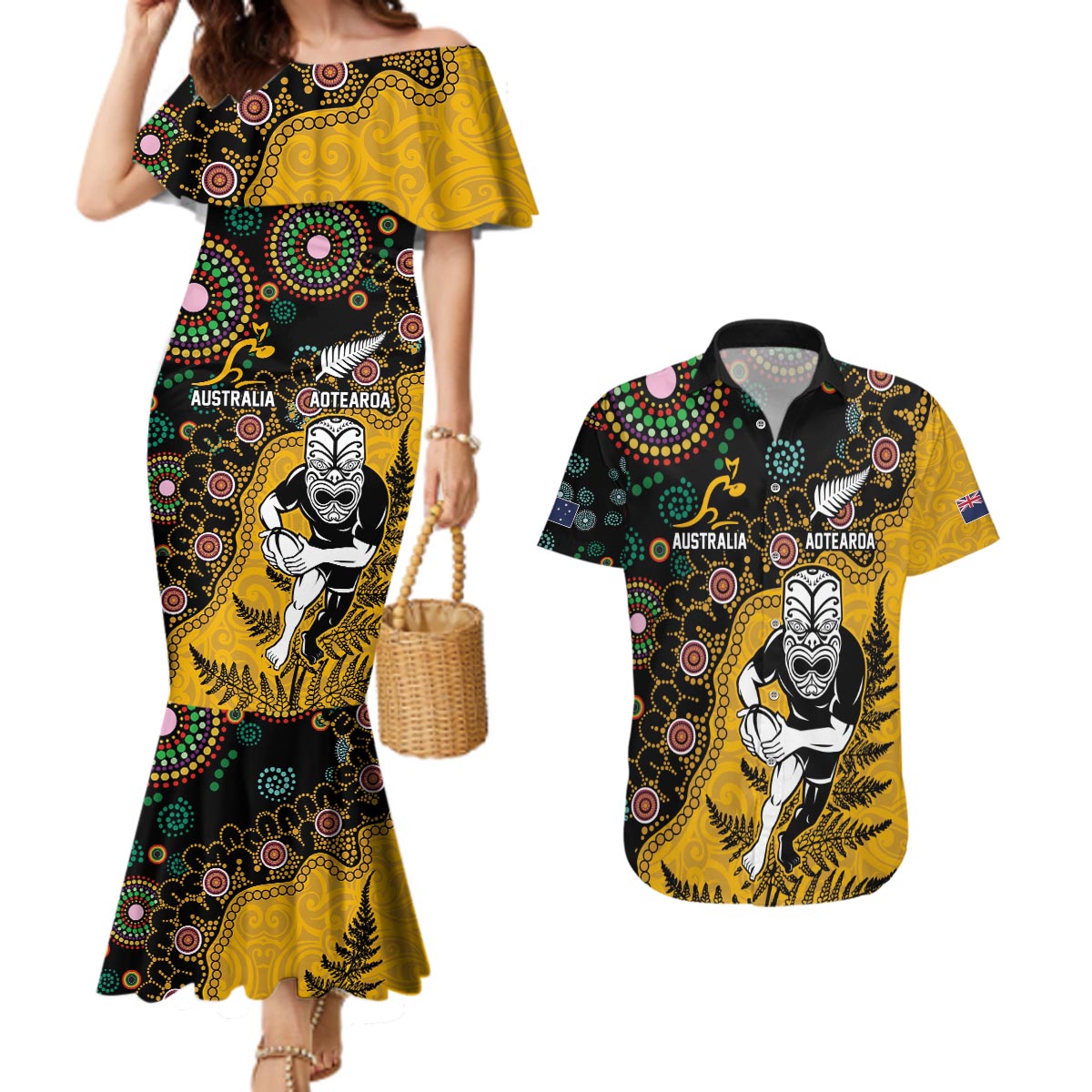 Custom New Zealand and Australia Rugby Couples Matching Mermaid Dress and Hawaiian Shirt Maori Warrior With Aboriginal Version LT03 Black - Polynesian Pride