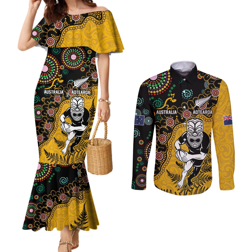 Custom New Zealand and Australia Rugby Couples Matching Mermaid Dress and Long Sleeve Button Shirt Maori Warrior With Aboriginal Version LT03 Black - Polynesian Pride