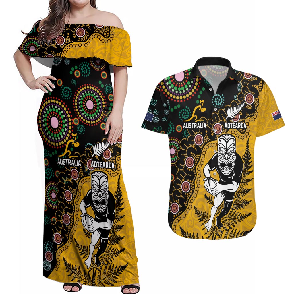 Custom New Zealand and Australia Rugby Couples Matching Off Shoulder Maxi Dress and Hawaiian Shirt Maori Warrior With Aboriginal Version LT03 Black - Polynesian Pride