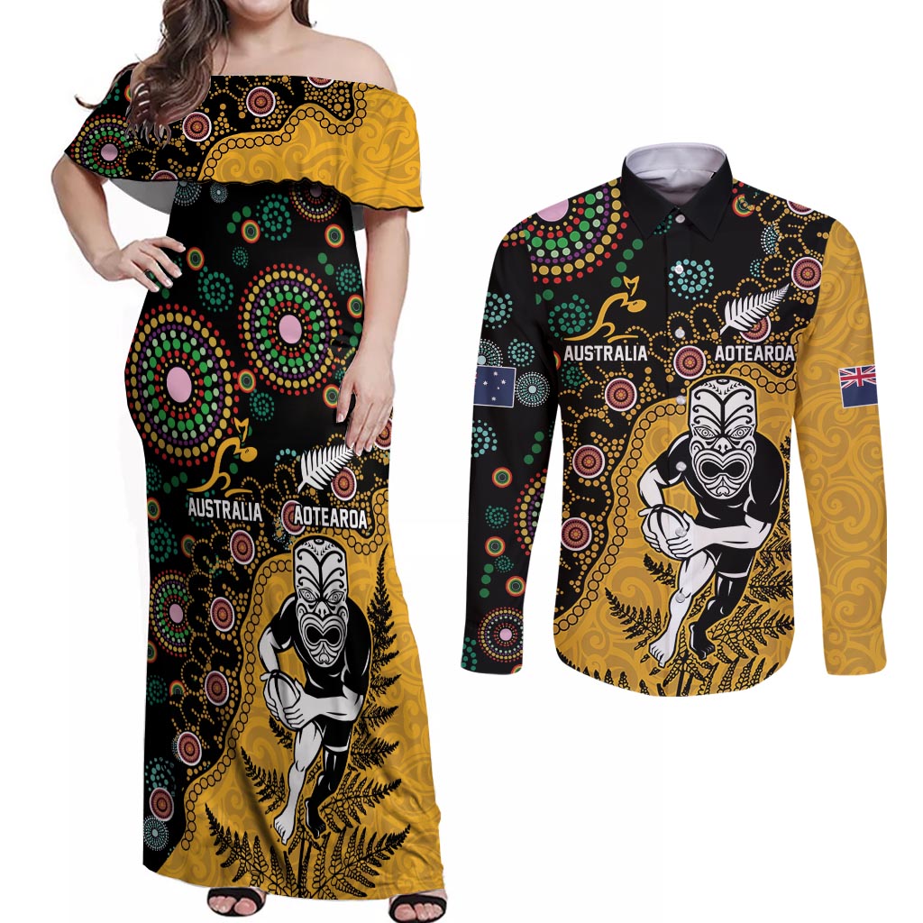 Custom New Zealand and Australia Rugby Couples Matching Off Shoulder Maxi Dress and Long Sleeve Button Shirt Maori Warrior With Aboriginal Version LT03 Black - Polynesian Pride