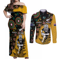 Custom New Zealand and Australia Rugby Couples Matching Off Shoulder Maxi Dress and Long Sleeve Button Shirt Maori Warrior With Aboriginal Version LT03 Black - Polynesian Pride