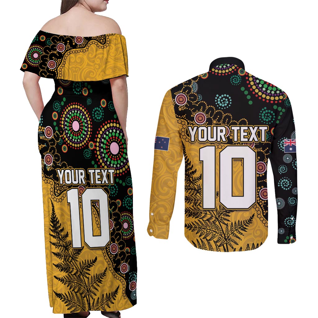 Custom New Zealand and Australia Rugby Couples Matching Off Shoulder Maxi Dress and Long Sleeve Button Shirt Maori Warrior With Aboriginal Version LT03 - Polynesian Pride
