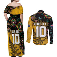 Custom New Zealand and Australia Rugby Couples Matching Off Shoulder Maxi Dress and Long Sleeve Button Shirt Maori Warrior With Aboriginal Version LT03 - Polynesian Pride