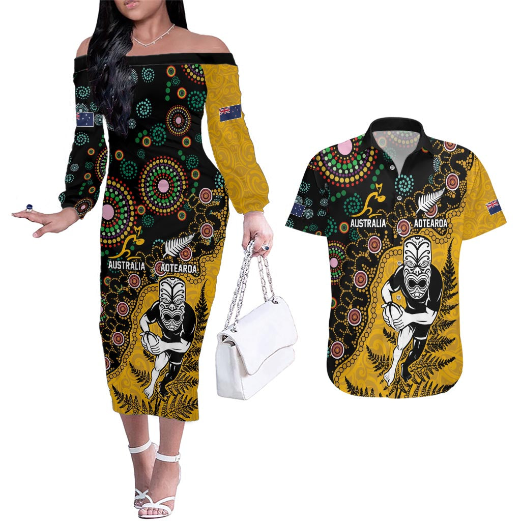 Custom New Zealand and Australia Rugby Couples Matching Off The Shoulder Long Sleeve Dress and Hawaiian Shirt Maori Warrior With Aboriginal Version LT03 Black - Polynesian Pride