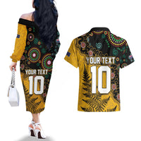 Custom New Zealand and Australia Rugby Couples Matching Off The Shoulder Long Sleeve Dress and Hawaiian Shirt Maori Warrior With Aboriginal Version LT03 - Polynesian Pride