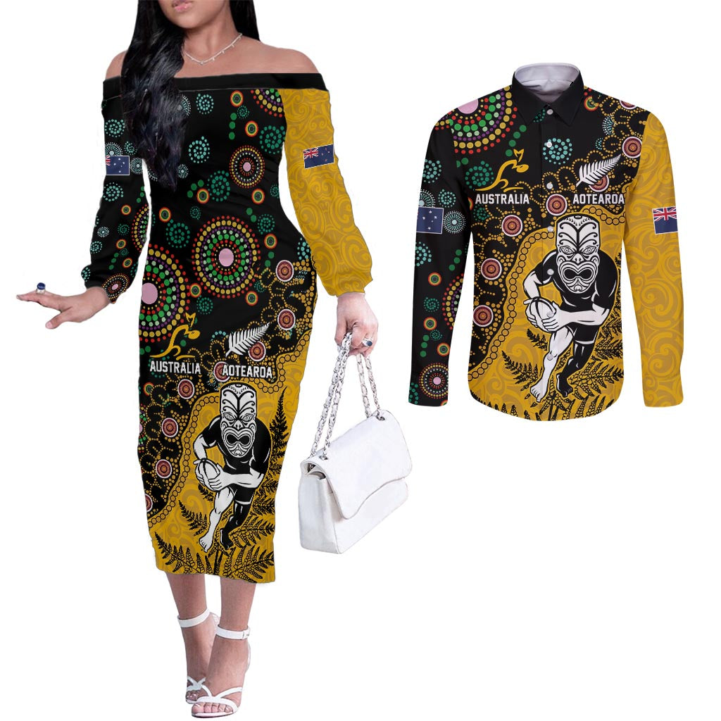 Custom New Zealand and Australia Rugby Couples Matching Off The Shoulder Long Sleeve Dress and Long Sleeve Button Shirt Maori Warrior With Aboriginal Version LT03 Black - Polynesian Pride
