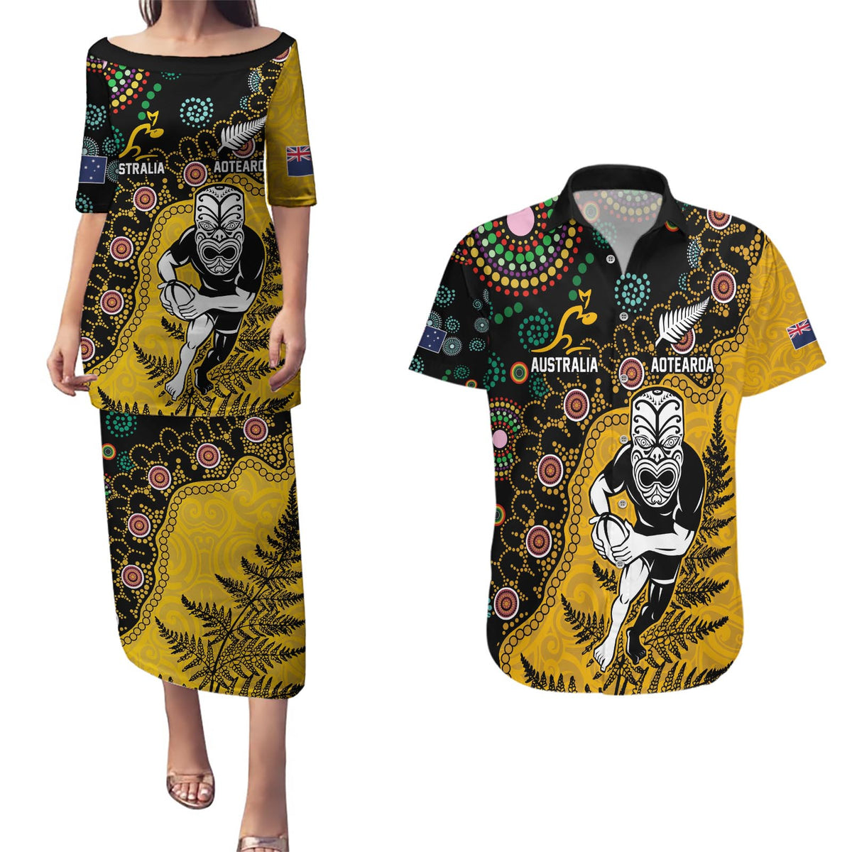 Custom New Zealand and Australia Rugby Couples Matching Puletasi and Hawaiian Shirt Maori Warrior With Aboriginal Version LT03 Black - Polynesian Pride