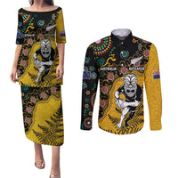 Custom New Zealand and Australia Rugby Couples Matching Puletasi and Long Sleeve Button Shirt Maori Warrior With Aboriginal Version LT03 Black - Polynesian Pride