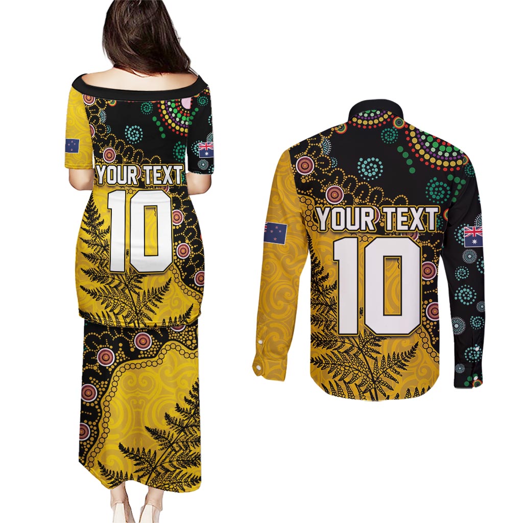 Custom New Zealand and Australia Rugby Couples Matching Puletasi and Long Sleeve Button Shirt Maori Warrior With Aboriginal Version LT03 - Polynesian Pride