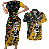 Custom New Zealand and Australia Rugby Couples Matching Short Sleeve Bodycon Dress and Hawaiian Shirt Maori Warrior With Aboriginal Version LT03 Black - Polynesian Pride