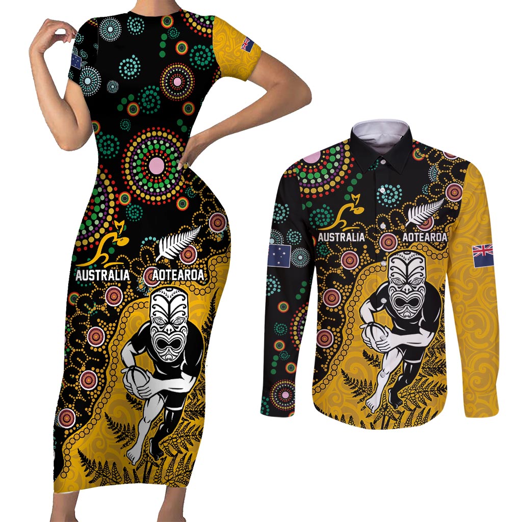 Custom New Zealand and Australia Rugby Couples Matching Short Sleeve Bodycon Dress and Long Sleeve Button Shirt Maori Warrior With Aboriginal Version LT03 Black - Polynesian Pride