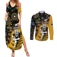 Custom New Zealand and Australia Rugby Couples Matching Summer Maxi Dress and Long Sleeve Button Shirt Maori Warrior With Aboriginal Version LT03 Black - Polynesian Pride