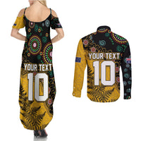 Custom New Zealand and Australia Rugby Couples Matching Summer Maxi Dress and Long Sleeve Button Shirt Maori Warrior With Aboriginal Version LT03 - Polynesian Pride