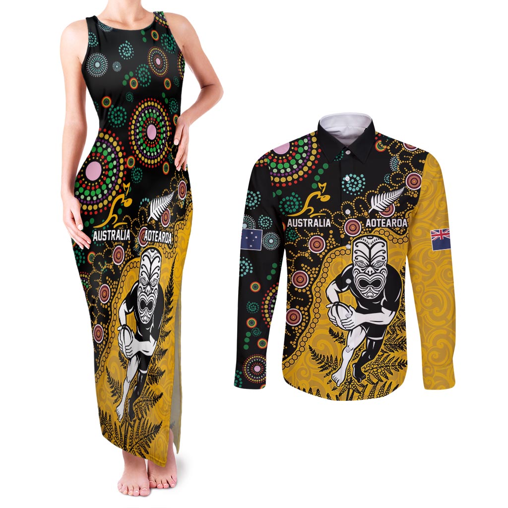 Custom New Zealand and Australia Rugby Couples Matching Tank Maxi Dress and Long Sleeve Button Shirt Maori Warrior With Aboriginal Version LT03 Black - Polynesian Pride